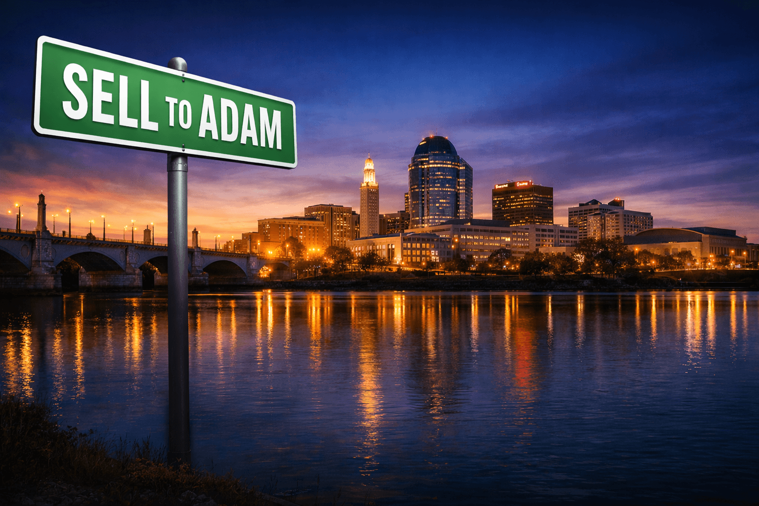 Springfield, Massachusetts skyline with Sell to Adam sign